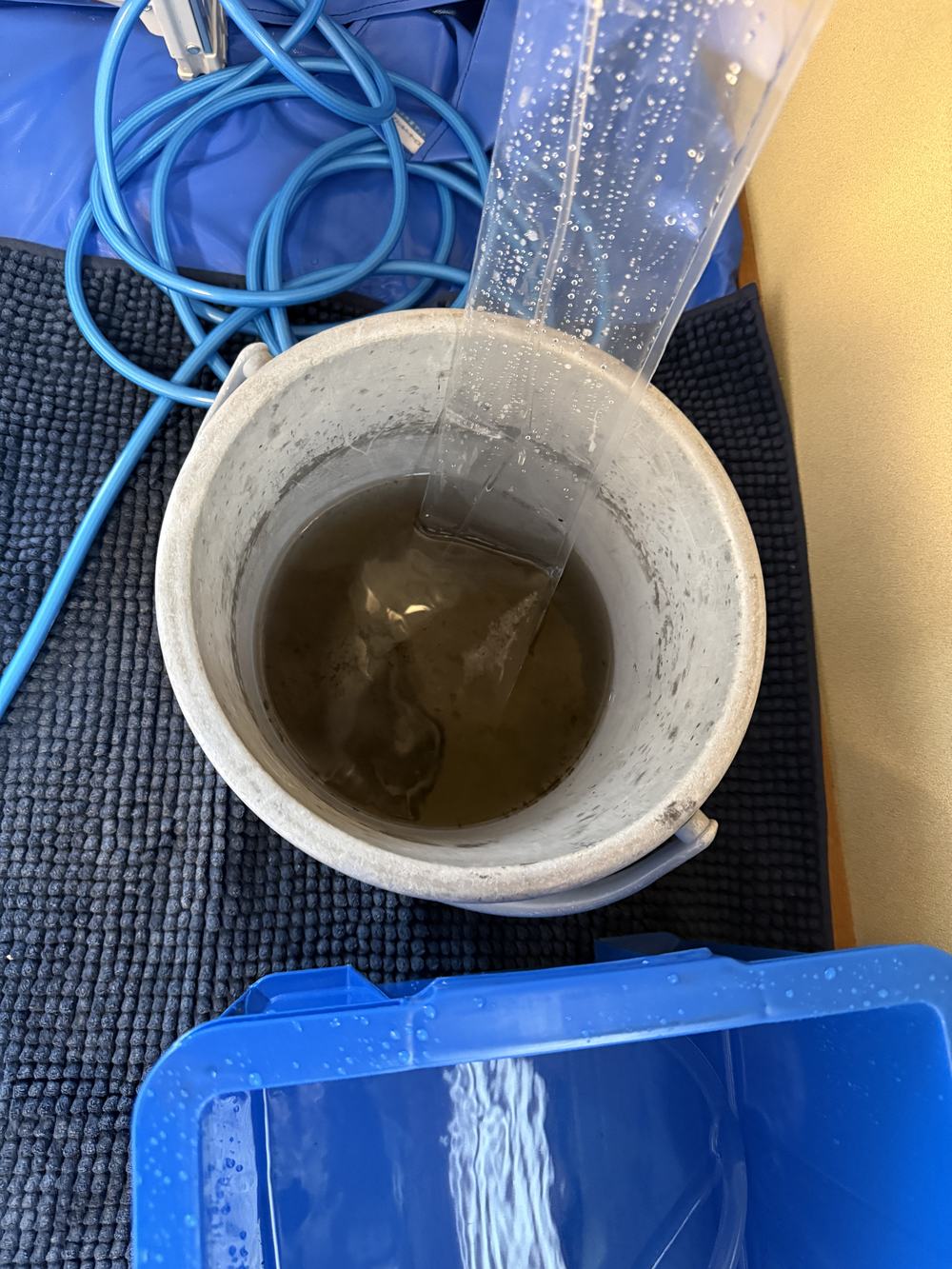 洗浄後に回収されたバケツ一杯の茶色く濁った汚水